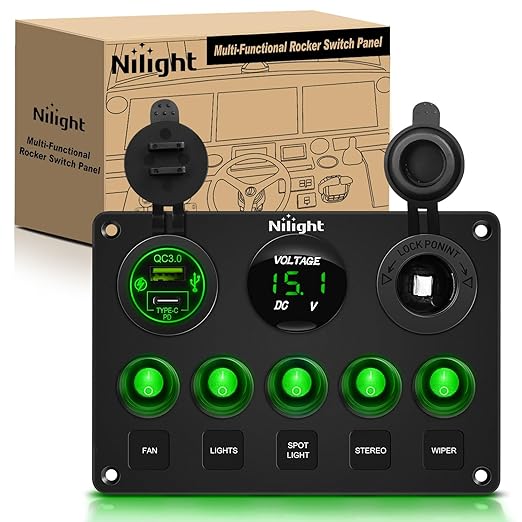 Nilight 5 Gang Multi Function Waterproof Switch Panel PD Type C and USB Socket Digital Voltmeter 12V Outlet Rocker with Inline Fuse for RVs Cars Boats Trucks Trailers Green
