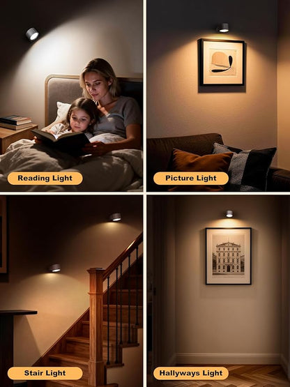 Smiling Shark Wireless Wall Lights, Rechargeable Wall Lights LED Set of 2 360° Rotate Magnetic 3 Color & 4 Brightness Stepless Dimming Adhesive Rechargeable Wall Sconces for Bedroom Bedside, White