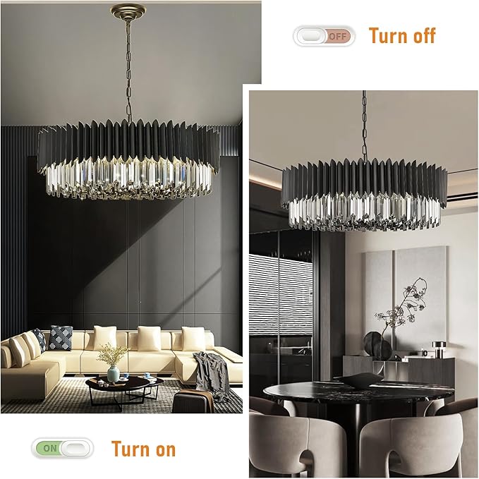 12-Light Large Crystal Chandeliers 30" Dining Room Light Fixture 6 Tiers Flush Mount Smoke Gray and Black Crystal Chandelier Round Pendant Light for Kitchen Living Room Entryway Foyer
