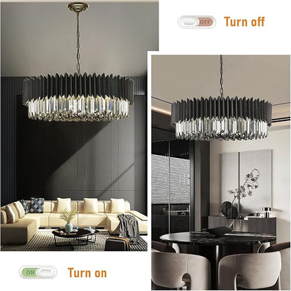 12-Light Large Crystal Chandeliers 30" Dining Room Light Fixture 6 Tiers Flush Mount Smoke Gray and Black Crystal Chandelier Round Pendant Light for Kitchen Living Room Entryway Foyer