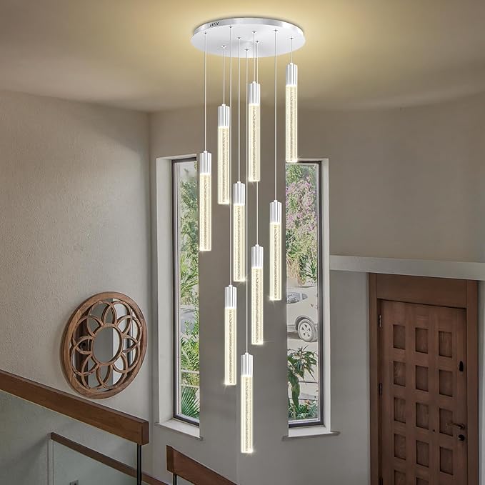 9-Light Silver High Ceiling Crystal Staircase Chandelier, Modern Spiral Raindrop Crystal Column Bubble Dimmable LED Cluster Hanging Chandeliers for Foyer Living Room Entrance