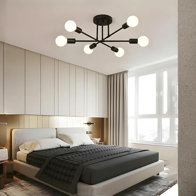 SPOLI Sputnik Ceiling Light Fixture, Dining Room Chandelier, Modern 6-Light All Black Industrial Pendant Semi Flush Mount for Kitchen Living Bedroom, E26 Base, Bulbs Not Included