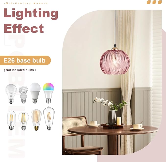 Hanging Lamp Pink Glass Pendant Light Plug in Chandelier with 14.76Ft Long Cord Boho Hanging Light Fixture Mid Century Modern Swag Lamp for Bedroom Girls Room Nursery Living Room
