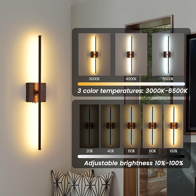 Rechargeable Battery Operated Wall Sconces, 11000mAh Faux Walnut Finish Wall Lights with Remote Control, 350°Rotate Dimmable Wall Lamp, 3 Color Temperatures, for Bedroom Living Room Hallway, 1 PCS