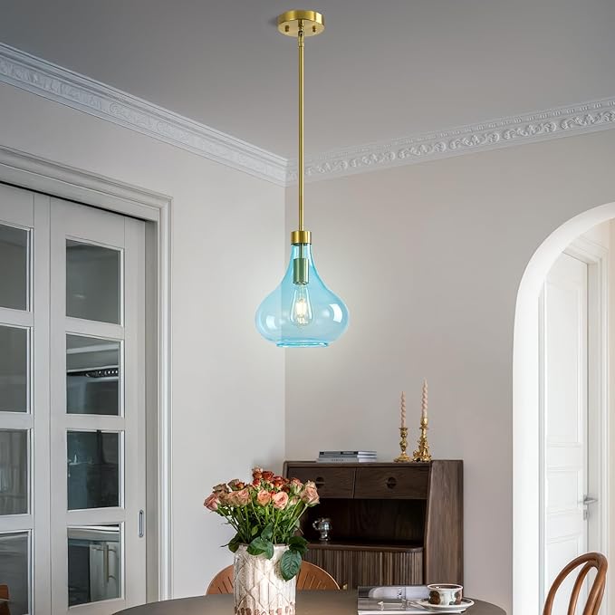 Modern Glass Pendant Light 9.44 in Light Blue Glass Shade Gold Farmhouse Island Pendant Lights for Kitchen Pendant Lighting Over Sink Bedroom Dining Room