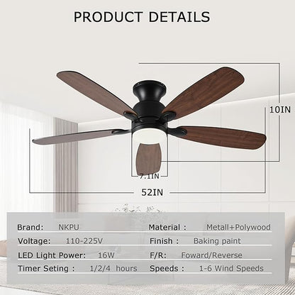 NKPU 52inch Low Profile Ceiling Fan with Light and Remote/APP Control,Reversible DC Motor,Noiseless,Dimmable,Modern Flush Mount Ceiling Fan for Bedroom,Indoor/Outdoor Use(Brown)