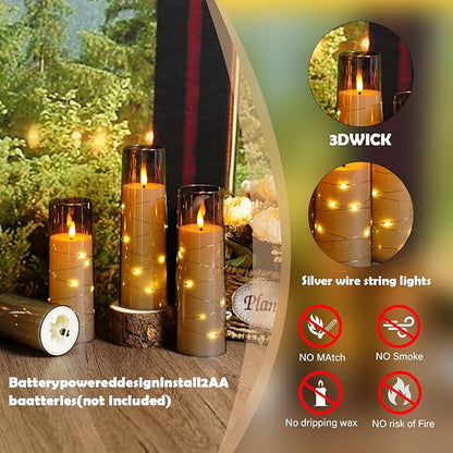 Sasigeiaa Flameless Candles with Embedded Star String - Battery Operated LED Candles, with Remote,12 Grey Flickering Candles for Christmas, Weddings, Home Decor & Party,(D 2.3"×H 5" 6" 7")
