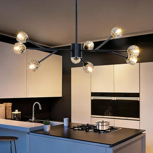 Depuley Modern Black Sputnik Chandelier: 9-Light Crystal Glass Chandelier for Dining Room - Kitchen Table Light Fixture Mid Century Hanging Lamp Height Adjustable for Foyer (Included G9 Bulbs)