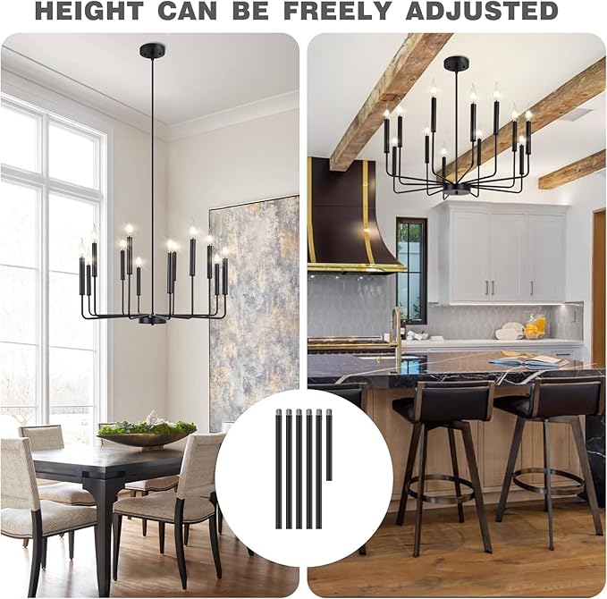 Yiisem Modern Farmhouse Black Chandelier, 12-Light Rustic Candle Chandelier, Industrial Hanging Chandeliers for Dining Room, Living Room, Kitchen, Foyer, Entryway