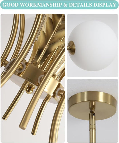 BOKT Gold Semi Flush Mount Ceiling Light Fixture 8 Ball Brass Milk Glass Sphere Sputnik Farmhouse Chandelier Hanging Kitchen Lights for Bedroom Living and Dining Room