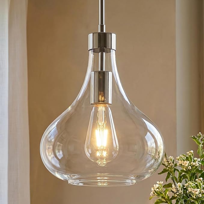 Modern Glass Pendant Light 9.44 in Clear Glass Shade Chrome Farmhouse Island Pendant Lights for Kitchen Pendant Lighting Over Sink Bedroom Dining Room