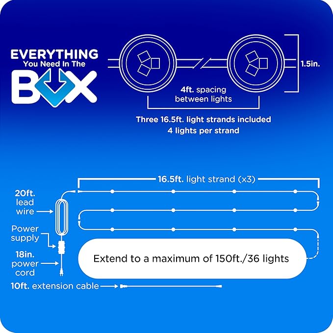 Enbrighten Vibe Eternity Accent Permanent Outdoor Lights for House, 50ft, 12 RGBWIC LEDs, Wide Spacing, 94lm, Tunable White, Everyday Eave Lighting, Smart App, Works with Alexa, Google Home, 85710