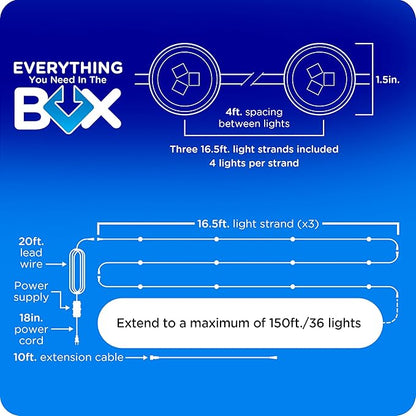 Enbrighten Vibe Eternity Accent Permanent Outdoor Lights for House, 50ft, 12 RGBWIC LEDs, Wide Spacing, 94lm, Tunable White, Everyday Eave Lighting, Smart App, Works with Alexa, Google Home, 85710