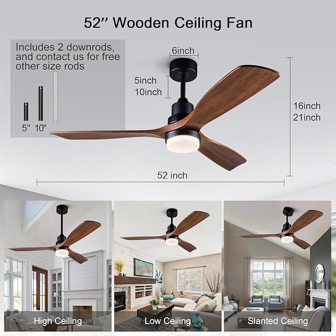 52 Inch Ceiling Fans with Lights and Remote Control, Outdoor Ceiling Fans for Patios; Black Ceiling Fan with Light for Bedroom Living Room, Solid Wood, 3CCT Dimmable, Memory Function