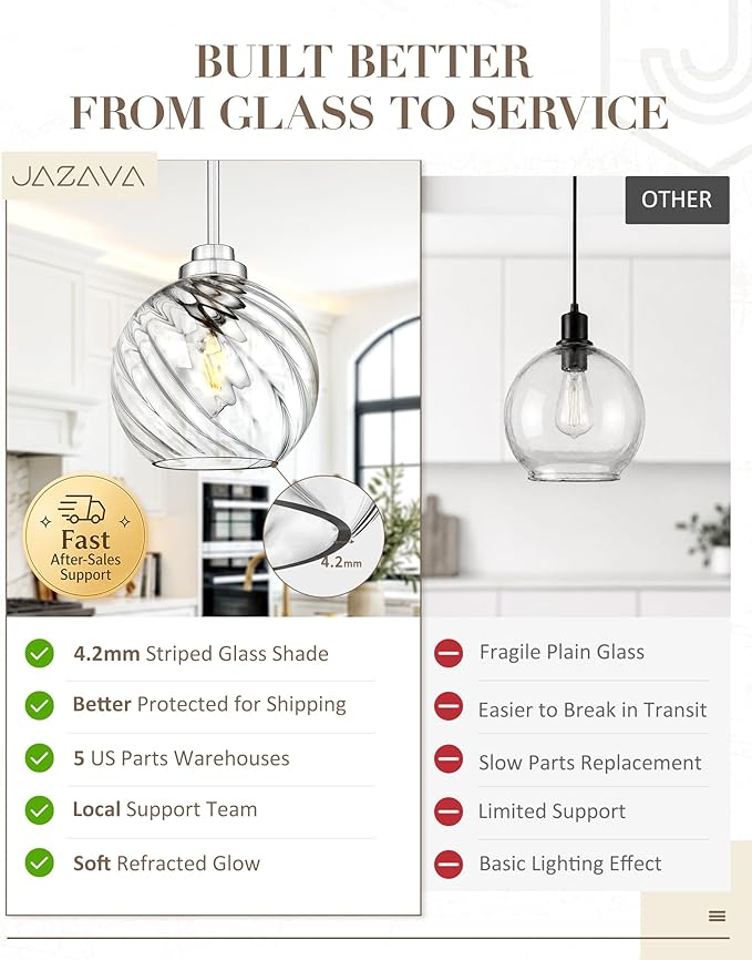 8 Inch Modern Farmhouse Pendant for Kitchen Island, Adjustable Height Hanging Fixture with Ribbed Glass, Brushed Nickel, Dining Room Entryway - PL101SBN-L