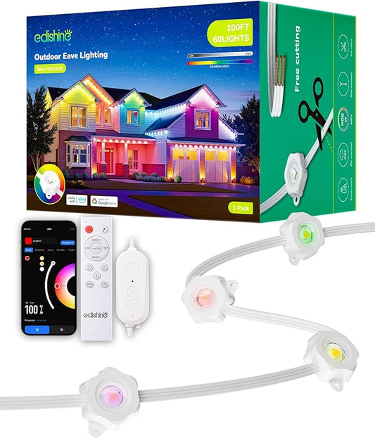 EDISHINE 100FT Cuttable Permanent Outdoor Lights for House, 60 RGBIC LED Eave Lights, APP/Voice/Remote Control, 111+ Scene Modes Outdoor Smart Lights, IP67 Waterproof for Party & Holiday Decor