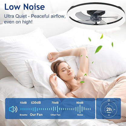 DLLT Bladeless Ceiling Fan with Light: 20" Modern Low Profile Flush Mount Fandelier with App & Remote Control - Black Dimmable LED Ceiling Fans for Bedroom Kids Room Living Room