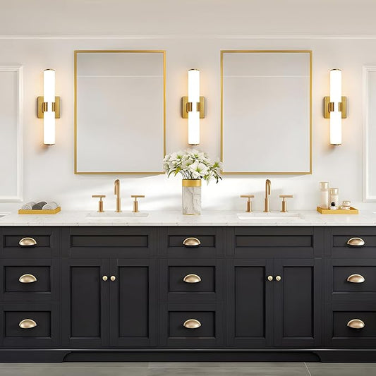 AIJIASI Gold Bathroom Light Fixtures - 16 Inch Modern Vanity Light 15W 5CCT Dimmable LED Bathroom Sconce with Acrylic Shade, Indoor Vanity Lighting Fixtures Over Mirror