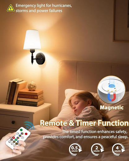 Adetu Battery Operated Wall Sconces Set of Two, Gold Rechargeable Wall Lights with 10000mAh RGB Rechargeable Magnetic Bulb, Battery Wall Sconce with Remote Control for Bedroom Decor