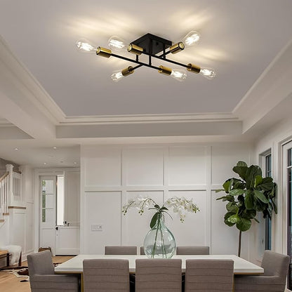 6-Lights Semi Flush Mount Ceiling Light Fixture, Matte Black and Golden, Modern Sputnik Close to Ceiling Light with E26 Base, Chandelier Light for Bedroom Kitchen Living Room Dining Room