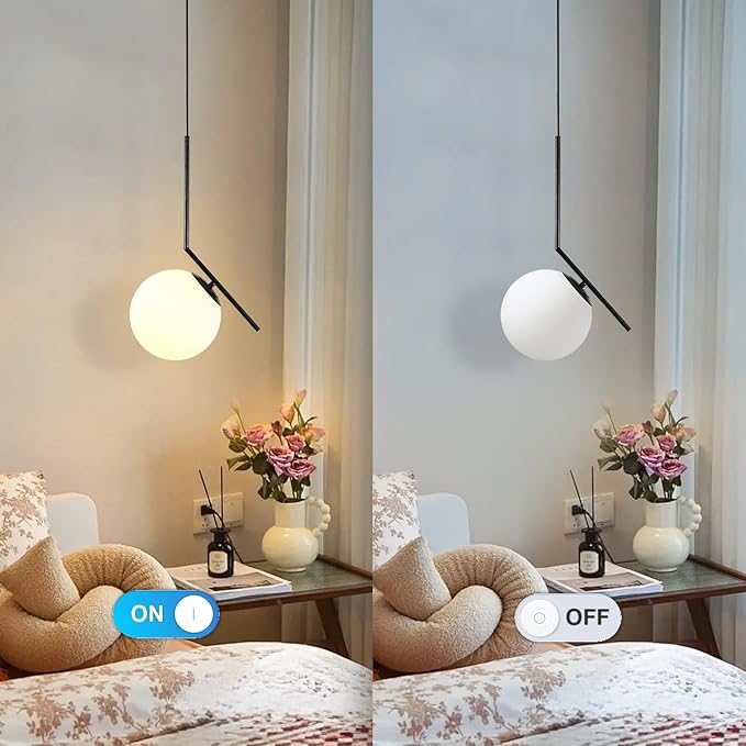 Modern Pendant Light, 1-Light Black Glass Globe Ceiling Pendant Lamp, Bedside Matte Hanging Pendant Light Fixtures for Bedroom Living Dining Room Kitchen