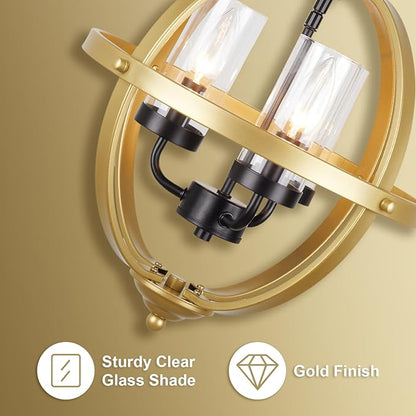 Treekee Rustic Chandelier, 14" Gold Glass Cover Luxurious Hanging Light, 3-Light Globe Vintage Pendant Ceiling Light Fixtures for Living Room Entryway Dining Room