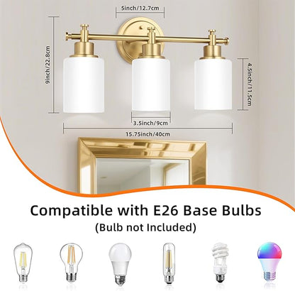 3-Light Gold Bathroom Vanity Light Fixtures, Brushed Gold Wall Sconce, Champagne Gold Vanity Light with Milky White Glass Shade Over Mirror, Bathroom, Bedroom, Modern Style, E26 Base