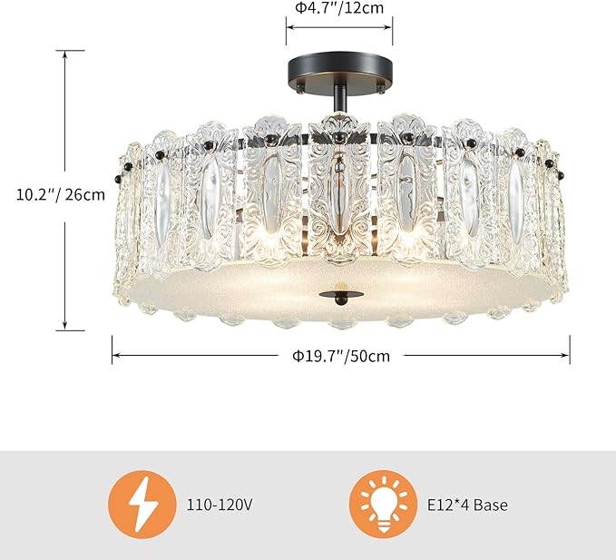 AGV LIGHTING Flush Mount Chandelier Light Fixture, Modern Black Chandelier, D20 x H10, E12 Base 4-Lights, Glass Shade & Black Finish