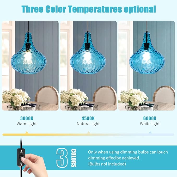 2-Pack Blue Hanging Lamp Vintage Plug in Pendant Light Fixture Globe Glass Plug in Ceilig Pendant Lamp with Cord Hammered Shade Plugin Hanging Lamp for Bedroom Dining Living Room
