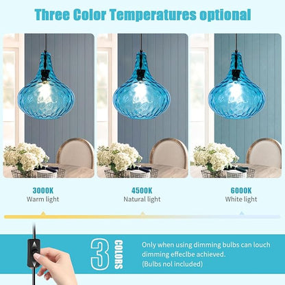 2-Pack Blue Hanging Lamp Vintage Plug in Pendant Light Fixture Globe Glass Plug in Ceilig Pendant Lamp with Cord Hammered Shade Plugin Hanging Lamp for Bedroom Dining Living Room