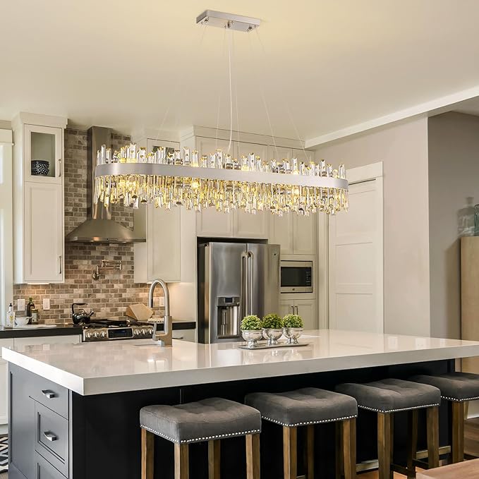 Siljoy L52'' Large Rectangular Crystal Chandelier for Dining Room, 20-Light Modern 2-Tiers K9 Crystal Raindrop Chandelier, Adjustable Height Crystal Ceiling Light for Living Room Kitchen Island