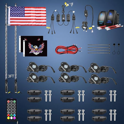 Nilight 2PCS 3FT RGB LED Whip Light with Spring Base and 4 PCS Rock Lights Combo, Remote App Control w/DIY Chasing Patterns Turn Signal Brake Reverse Antenna Lighted Whips for ATV UTV Polaris RZR Jeep