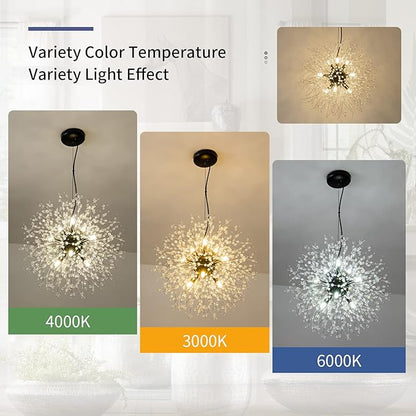 CM MZY Modern Crystal Chandeliers Firework, 9-Light Black Dandelion Sputnik Ceiling Light Fixtures, Sputnik Chandelier Pendant Light for Bedroom Living Room Dining Room Kitchen Island Hallway
