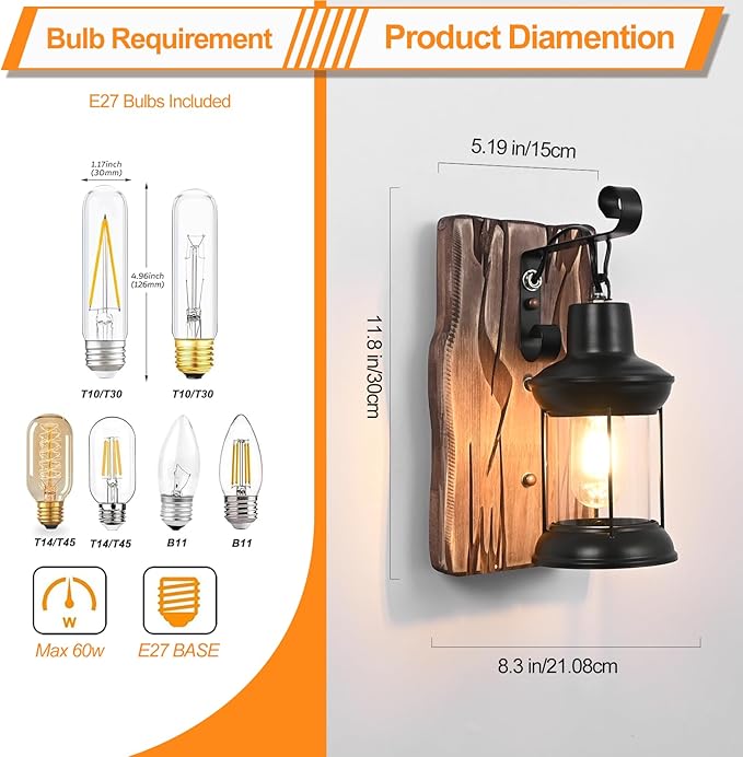 Rustic Wall Light Fixtures Vintage Wall Sconces Sets of 2 Farmhouse Antique Wooden Lamp with Clear Glass Indoor Lighting Black Bedside Sconces Lighting for Bar Cafe Barn Stairs