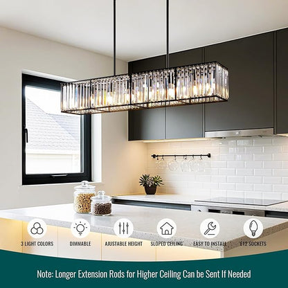 Siljoy Modern Crystal Chandelier for Dining Room, 7 Lights Black Large Rectangular Farmhouse Crystal Chandelier Industrial Rectangle Pendant Ceiling Light for Living Room Kitchen Island Bar L47''