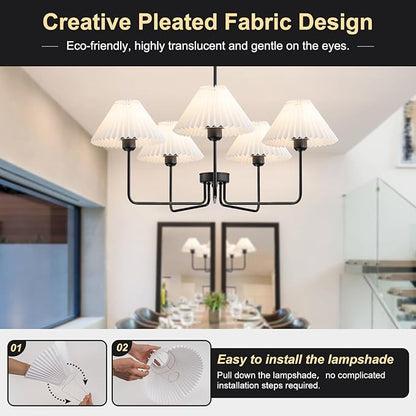 Farmhouse Chandelier, 5-Light Modern Chandelier with White Pleated Fabric Shades, Black Dining Room Light Fixture Chandelier for Dining Room Bedroom Hallway Kitchen Island, Height Adjustable