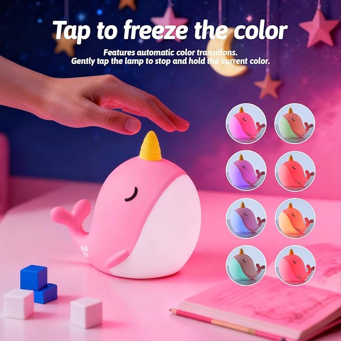 Narwhal Night Light for Kids, Portable Squishy Kawaii Lamp, USB Rechargeable Silicone LED Dimmable RGB Ocean Lamp with Timer, Birthday Cute Gifts for Boys Girls Bedroom/Nursery Decor