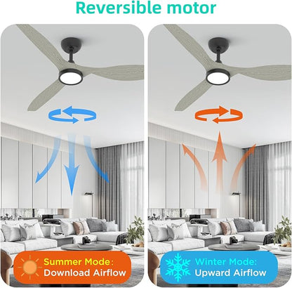 Roomratv Ceiling Fans with Lights and Remote Control,Quiet Noiseless Reversible DC Motor,6 Speeds,Timers, 3 CCT, Indoor Use, Plastic Blades,52 Inch White Oak Modern Ceiling Fan for Living Room