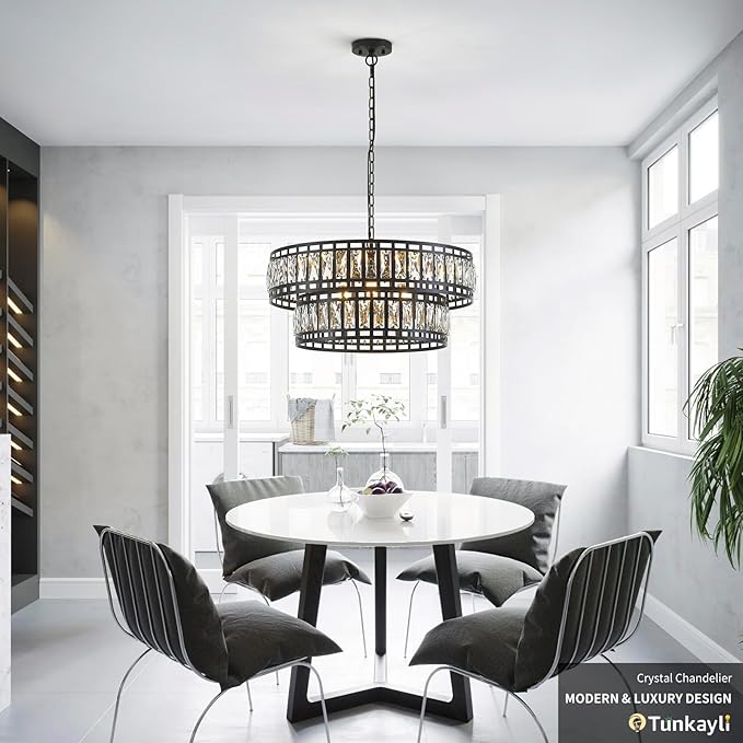 24" Modern Crystal Chandelier 8-Light Drum Large Glass Chandelier 2-Tier Round Black Design Luxury Elegant Lighting Fixture for Dining Room, Foyer, Living Room, Bedroom, Kitchen