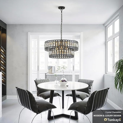 24" Modern Crystal Chandelier 8-Light Drum Large Glass Chandelier 2-Tier Round Black Design Luxury Elegant Lighting Fixture for Dining Room, Foyer, Living Room, Bedroom, Kitchen