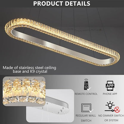 47'' Oval Ring Crystal Chandelier Modern LED Dimmable Ring Pendant Light Chandelier for Dining Room Living Room Silver