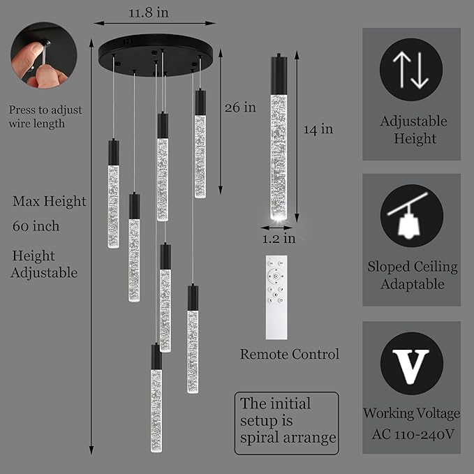 7-Lights High Ceiling Crystal Chandelier, Modern LED Raindrop Pendant Light Fixture 60" H Flush Mount Chandelier Black for Foyer Staircase Living Room