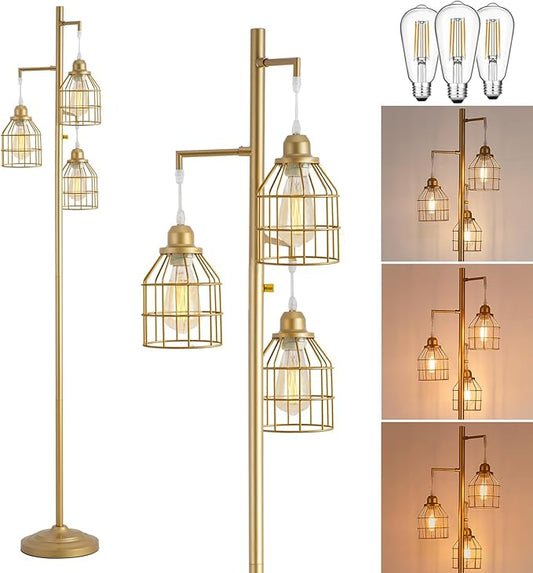 9MMML Golden Dimmable Floor Lamp,Industrial Gold Farmhouse Tall Standing Lamp for Living Room, Bedroom Office,3 Teardrop Cage Lampshade,3 LED Bulbs Inculded, 68'' Tall