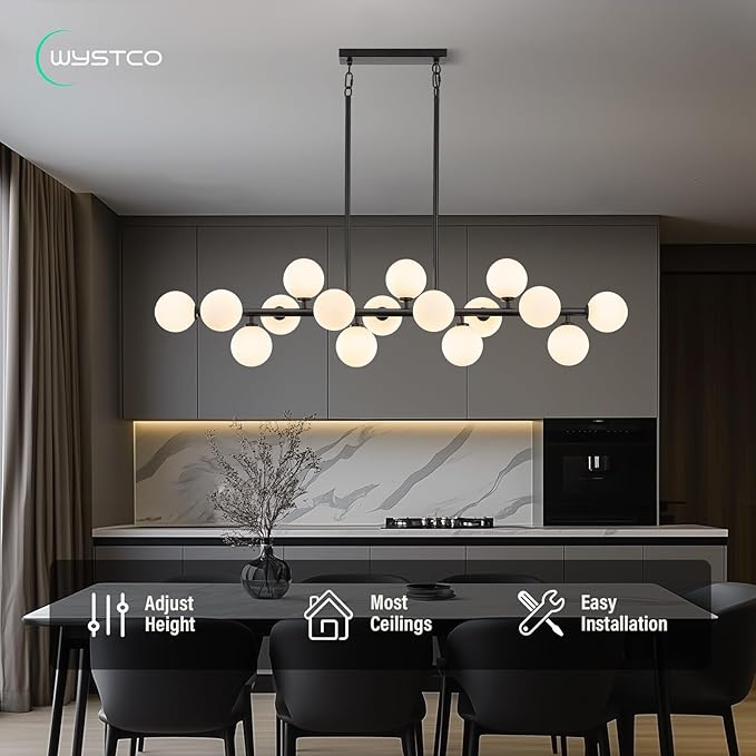 56 Inch Black Linear Chandeliers for Dining Room, Kitchen Island, Living Room, 16-Light Mid Century Modern Light Fixture Over Table, Large Milk White Glass Globe Sputnik Bubble Chandelier