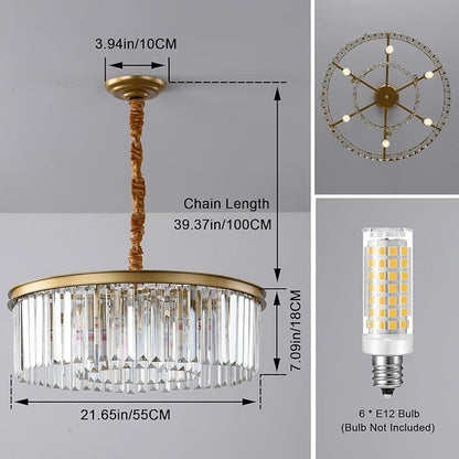 Gold Modern Crystal Chandelier, 2-Tier Round Flush Mount Ceiling Light Fixtures Height Adjustable Pendant Lighting for Dining Room Living Room Bedroom Kitchen Hotel Foyer