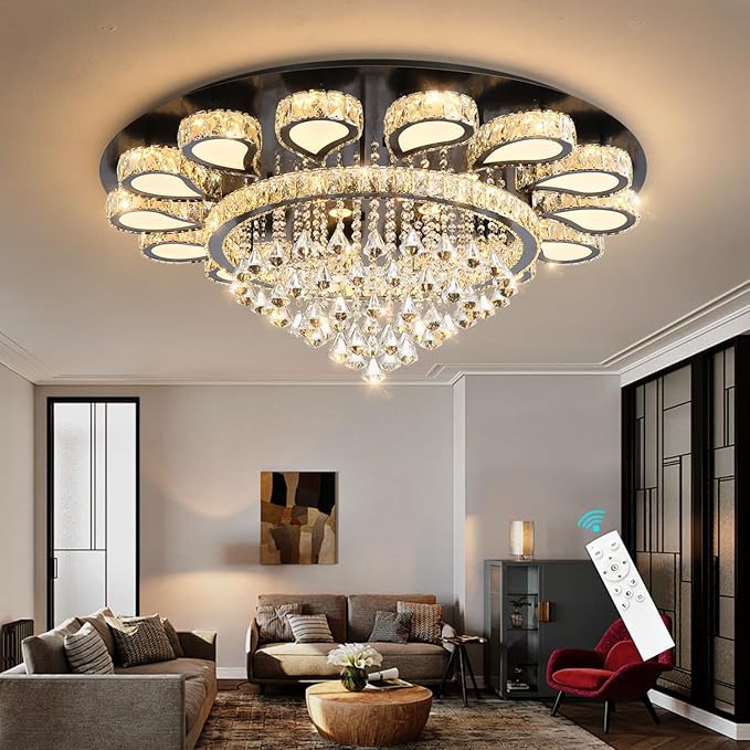 HAIXIANG Glam Crystal Chandelier for Living Room Dining Room Lights Sloped Ceiling Light Fixtures Luxury Modern Remote Dimmbale Lighting Black 40 Inches