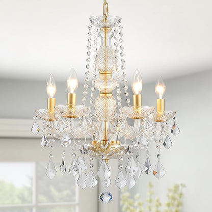 WUZUPS Crystal 5-Light Candle Chandelier Pendant Flushmount Ceiling Light Modern Lighting Fixture for Bedroom Hallway Bar Kitchen Bathroom, H 25" x W 20", Gold, E12 Base