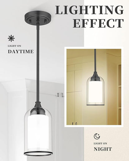 LIROUVET Black Pendant Light Fixtures - Dual Glass Hanging Light, 1-Light Pendant Lights with Clear and Milk Glass, Industrial Pendant Lighting for Kitchen, Dining Room, PL02BK-N