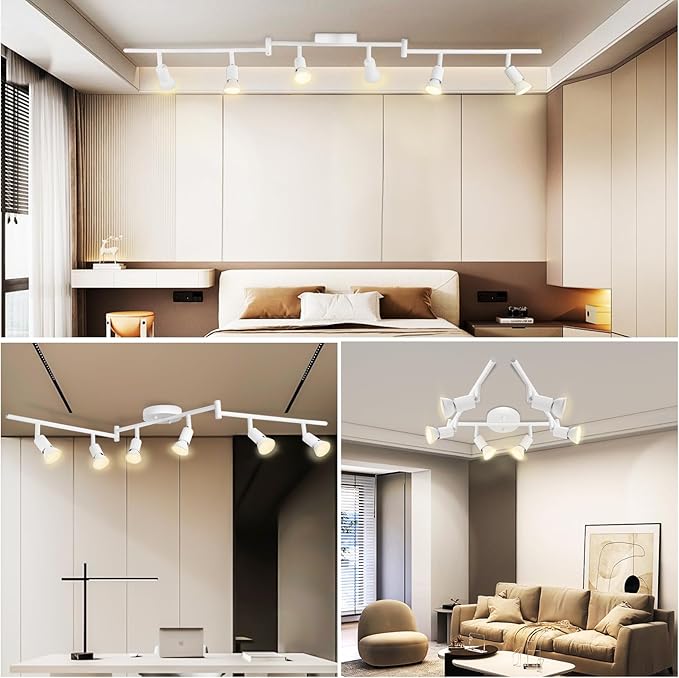 6 Light Track Lighting Fixture, GU10 Rotatable Heads, Matte White, Bulbs Not Included, Perfect for Kitchen, Office, Laundry, Dining Room