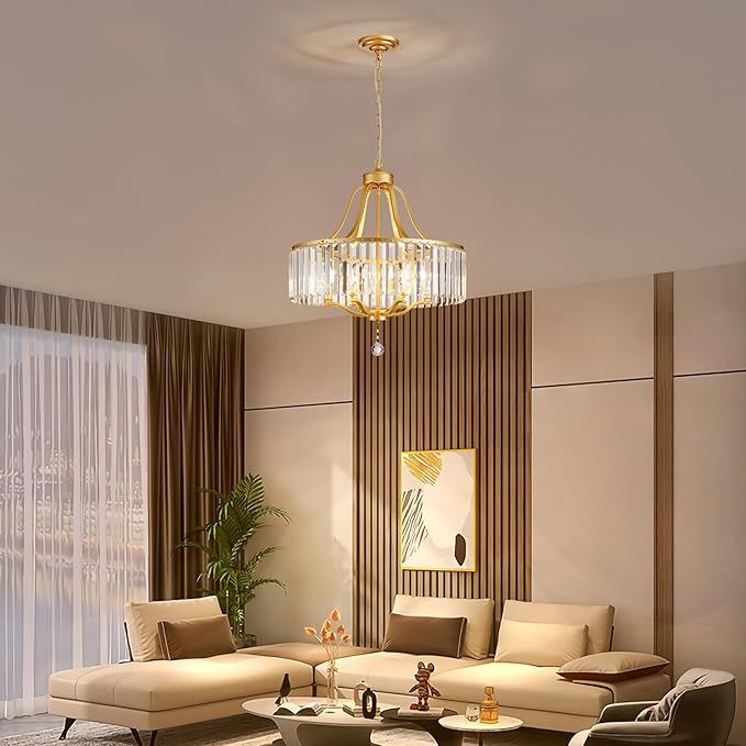 6-Light Crystal Gold Chandeliers for Dining Room 22 Inch Modern Farmhouse Chandelier Large Pendant Lighting Fixture Round Hanging Lamp for Living Room Kitchen Island Hallway Bedroom Foyer Hall